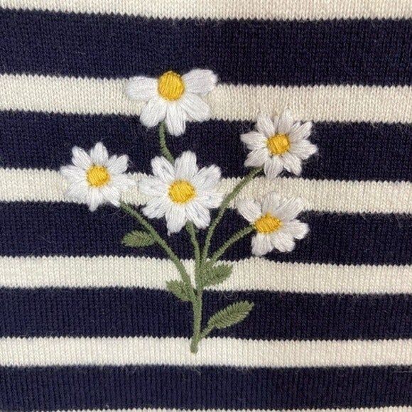 Talbots Women's Petite Blue Stripe Floral Knit Top Embroidered Cottagecore - Picture 4 of 9